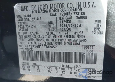 2001 Mazda B3000 Ds/Se z USA, uszkodzony, nr VIN 4F4YR16E11TM24571